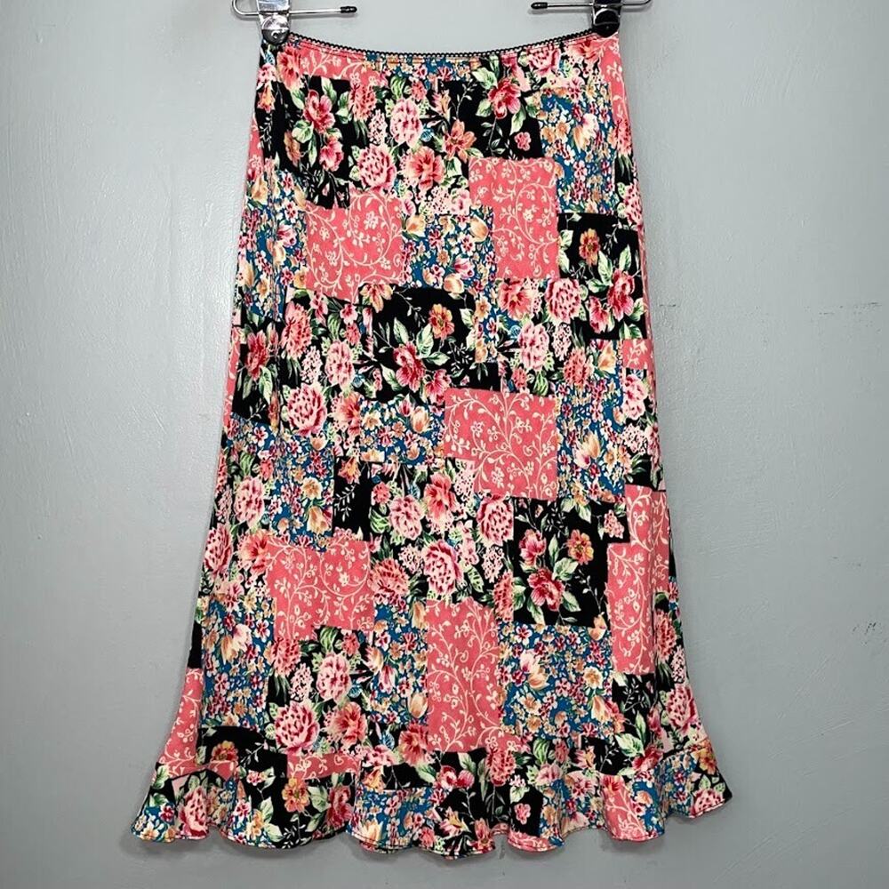Dressbarn Size 10 Patchwork Pink Floral Midi Skirt Ruffled Y2K Romantic Grunge